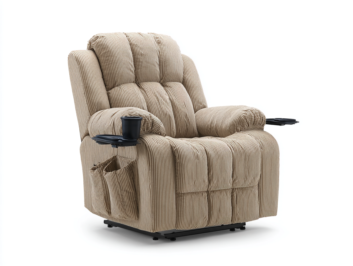 Sillones reclinables de tela de pana 86x94x103 cm beige con portavasos diseño confortable-Milaiohouse