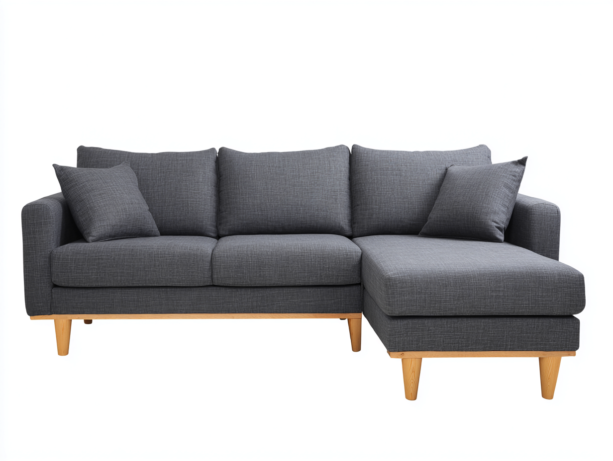 Sofá de esquina 220x145x85 cm - tela gris oscuro y patas de madera - estilo moderno con chaise longue-Milaiohouse