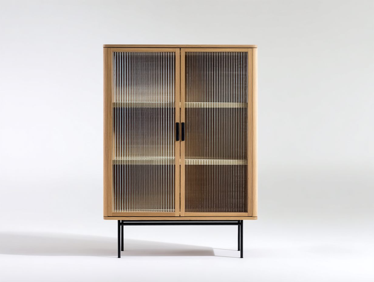 Vitrinas de madera y vidrio acanalado 100x40x160 cm - Natural-Negro - Diseño moderno-Milaiohouse
