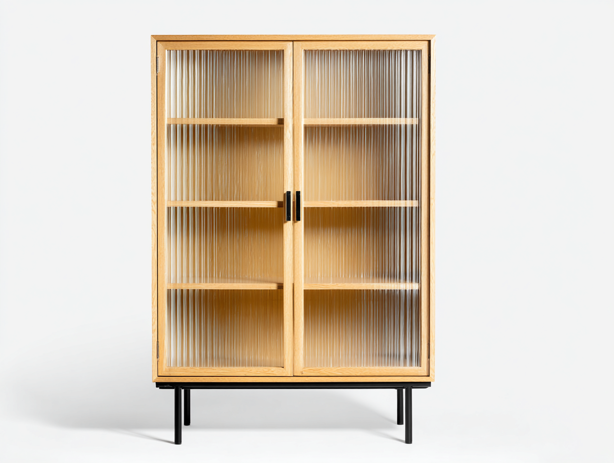 Vitrinas de madera y vidrio acanalado 95x40x115 cm - madera natural-negro - diseño moderno-Milaiohouse