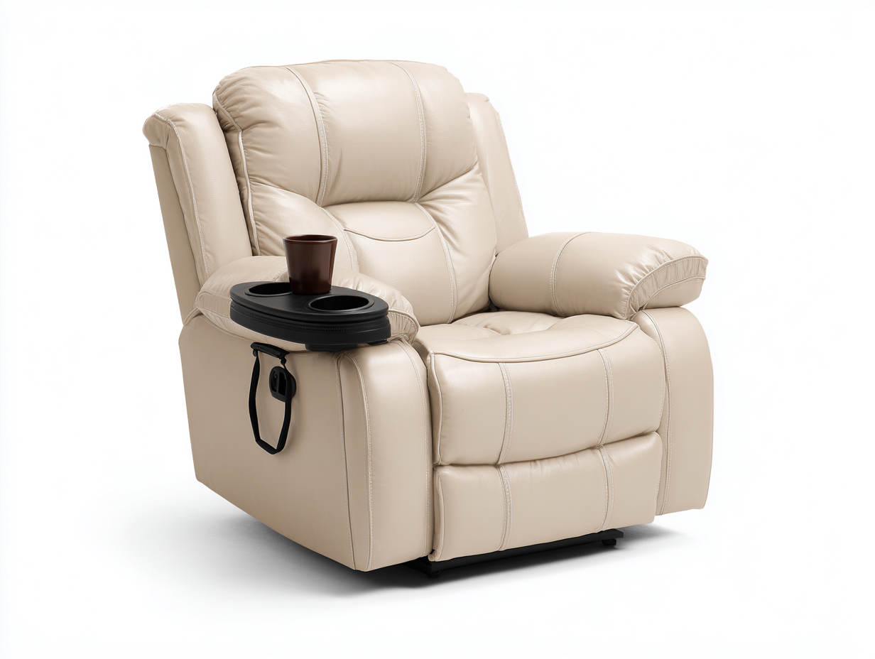 Sillón reclinable 96x90x104 cm - tapizado beige con bandeja lateral - estilo moderno con respaldo acolchado-Milaiohouse
