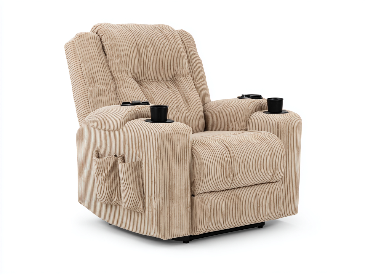 Sillones reclinables de pana 110x96x105 cm - beige - con portavasos y bolsillo lateral-Milaiohouse