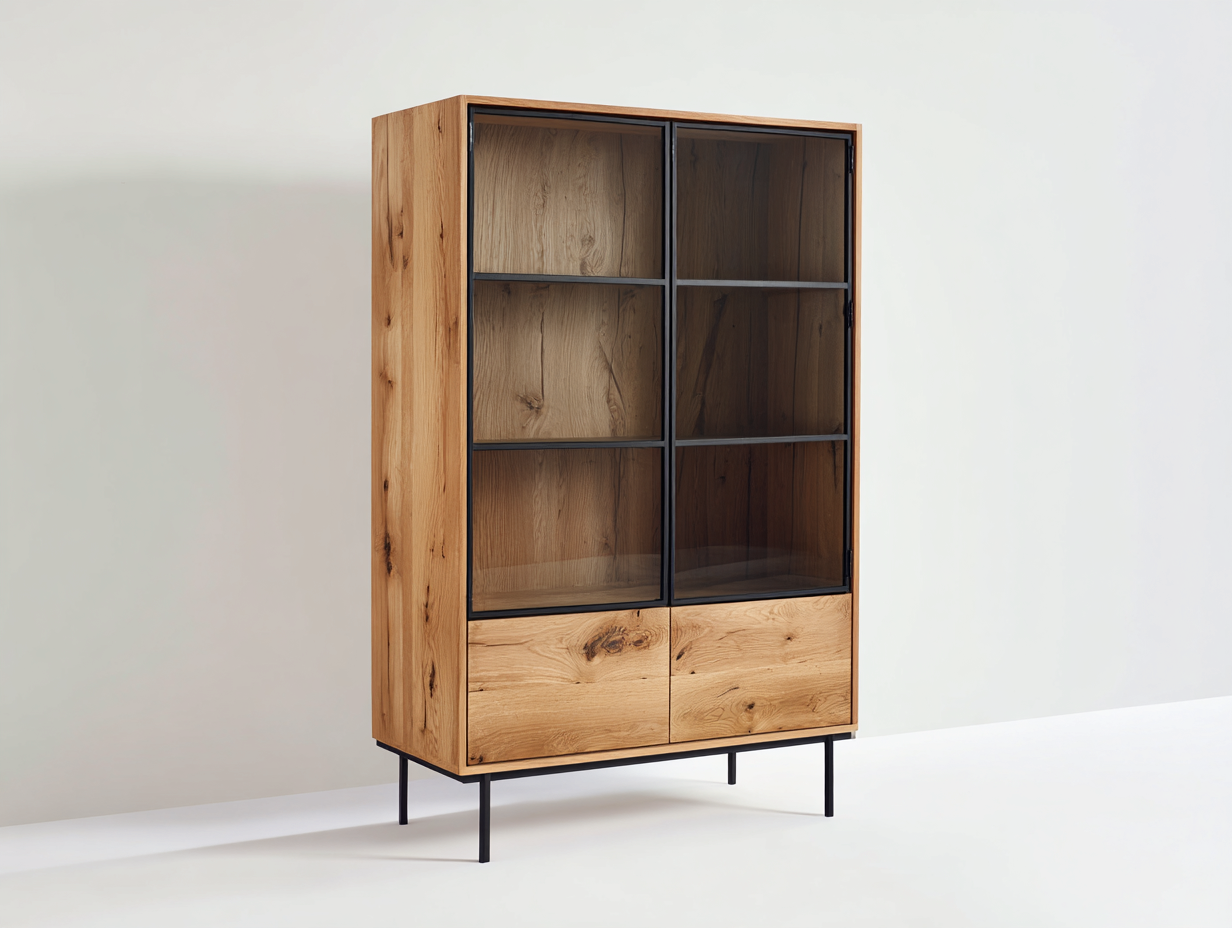 Vitrinas de madera y vidrio 100x40x115 cm - madera natural-negro - diseño moderno-Milaiohouse