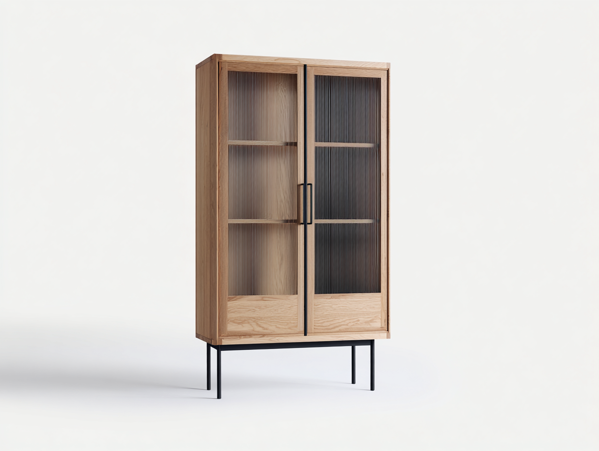 Vitrinas de madera y vidrio acanalado 90x38x155 cm - Natural-Negro - Diseño moderno-Milaiohouse