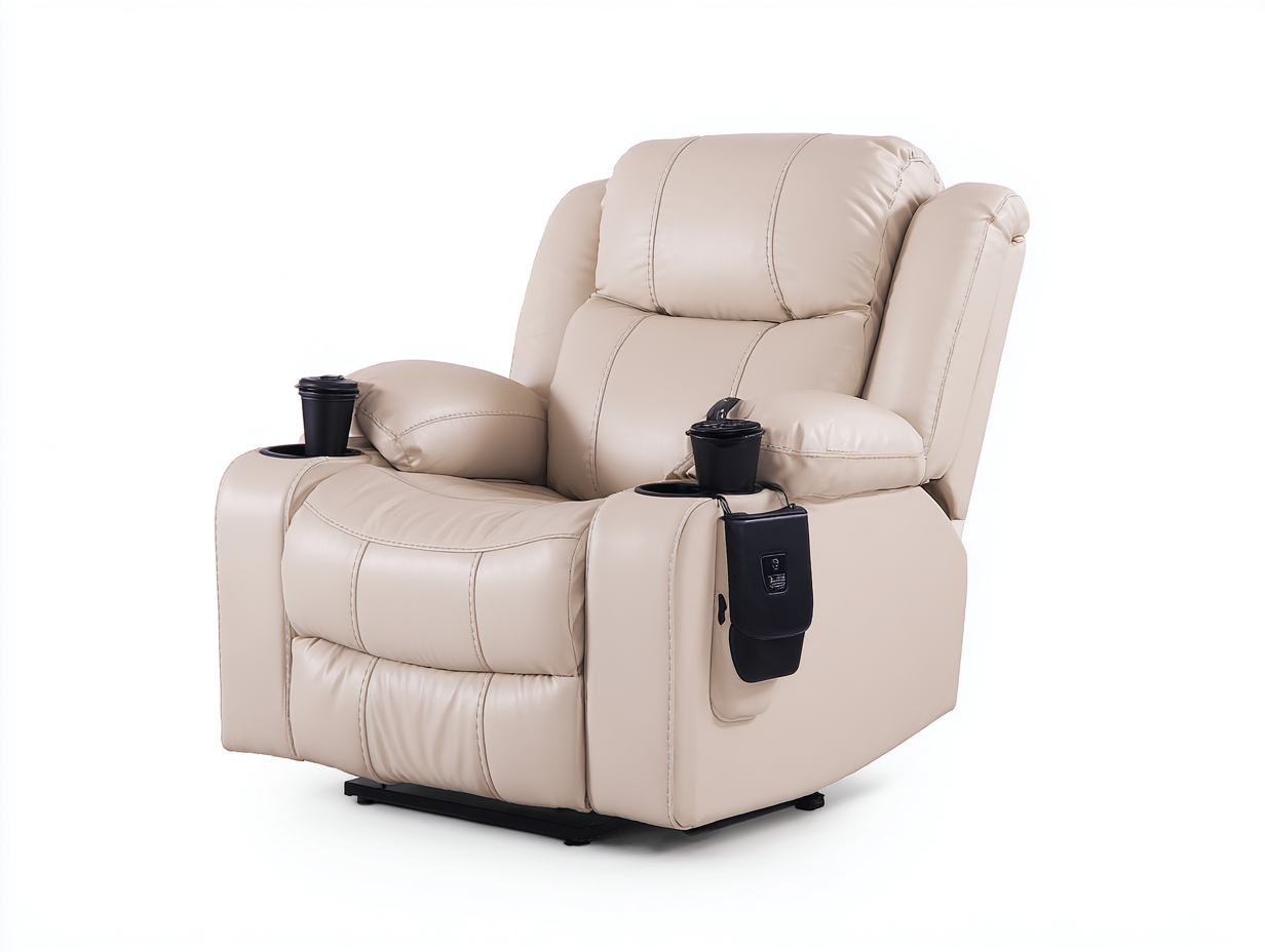 Sillones reclinables de piel sintética 110x96x104 cm - beige - con portavasos y bolsillo lateral-Milaiohouse