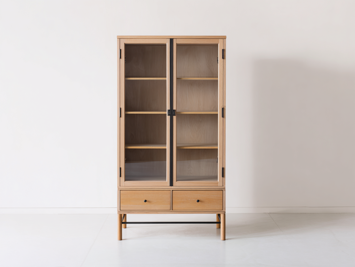 Vitrinas de madera y vidrio con cajones 85x38x165 cm - Natural-Negro - Diseño nórdico-Milaiohouse