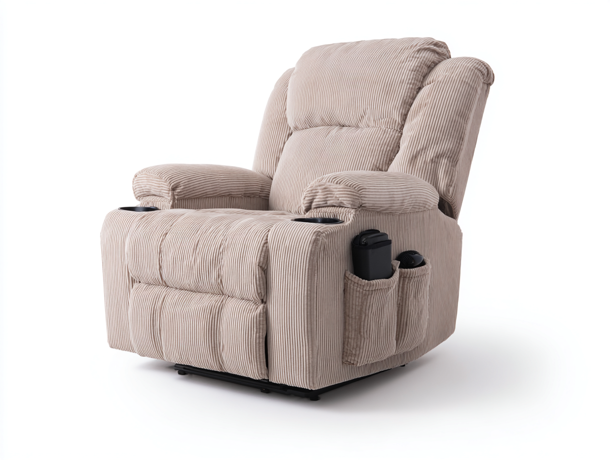Sillones reclinables de pana 96x94x106 cm - Beige - Reclinación eléctrica - Portavasos integrados-Milaiohouse
