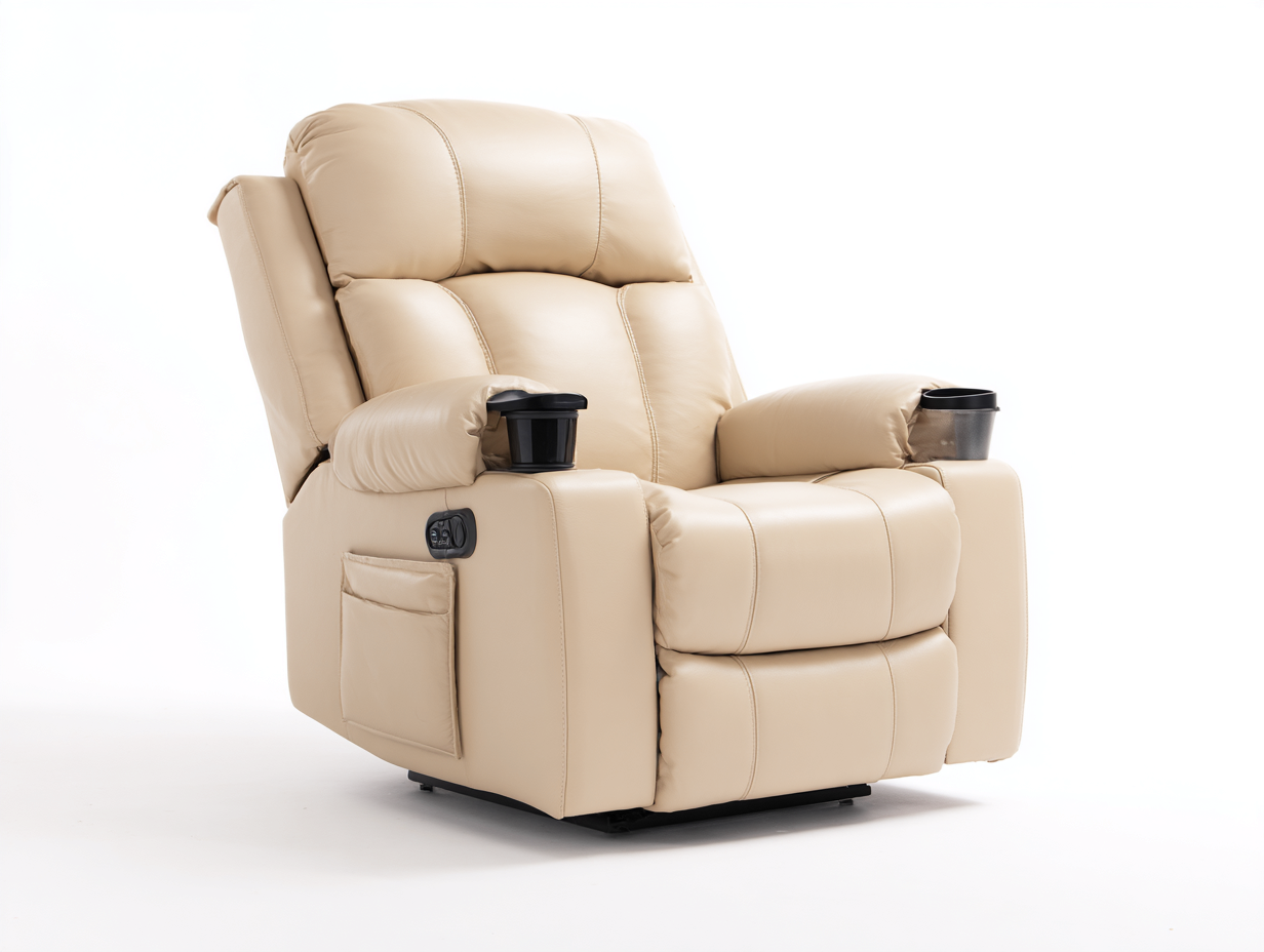 Sillones reclinables tapizados 94x91x107 cm - beige con portavasos - diseño acolchado moderno-Milaiohouse