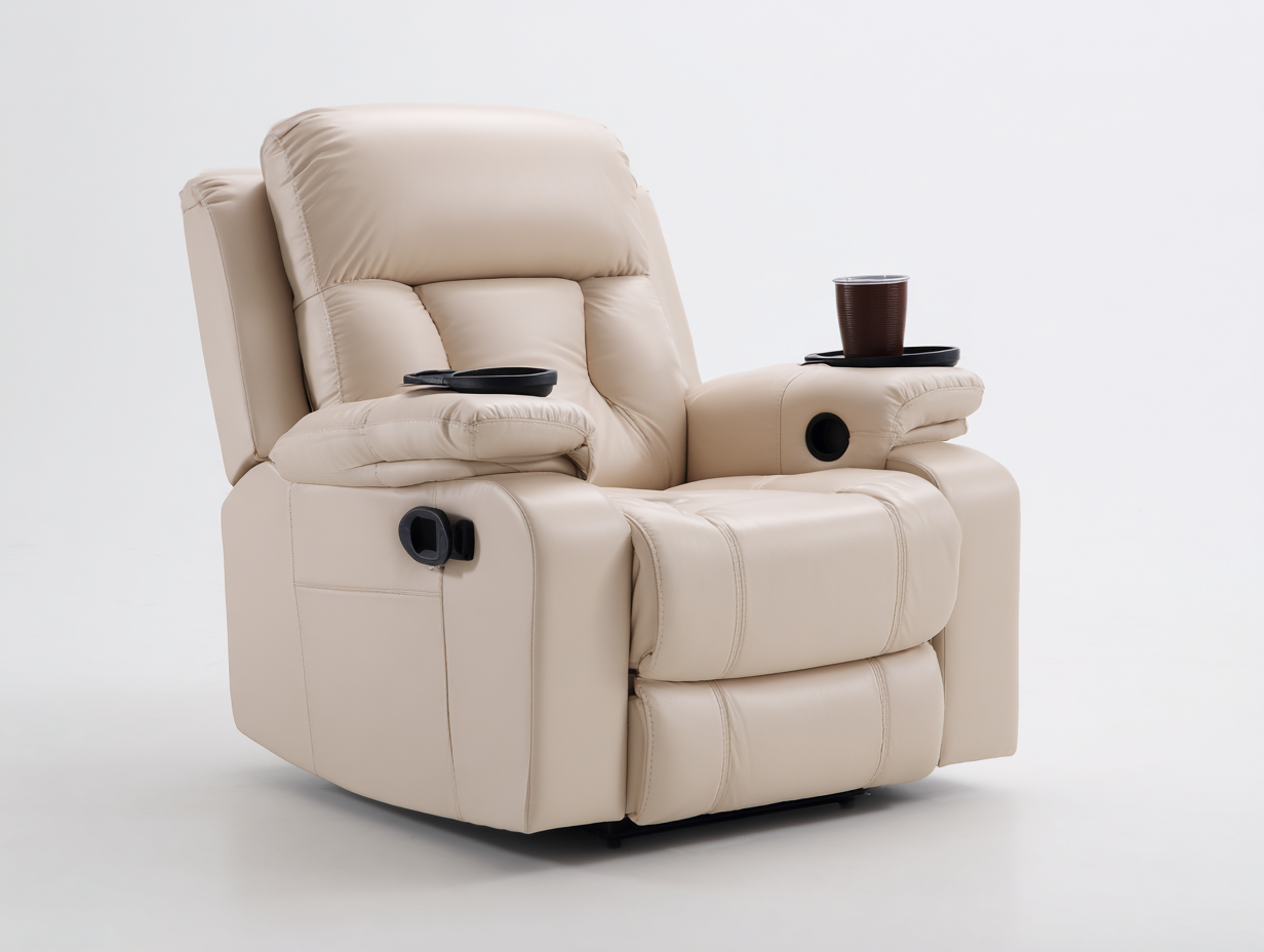 Sillones reclinables tapizados 93x90x106 cm - beige con portavasos - diseño acolchado moderno-Milaiohouse