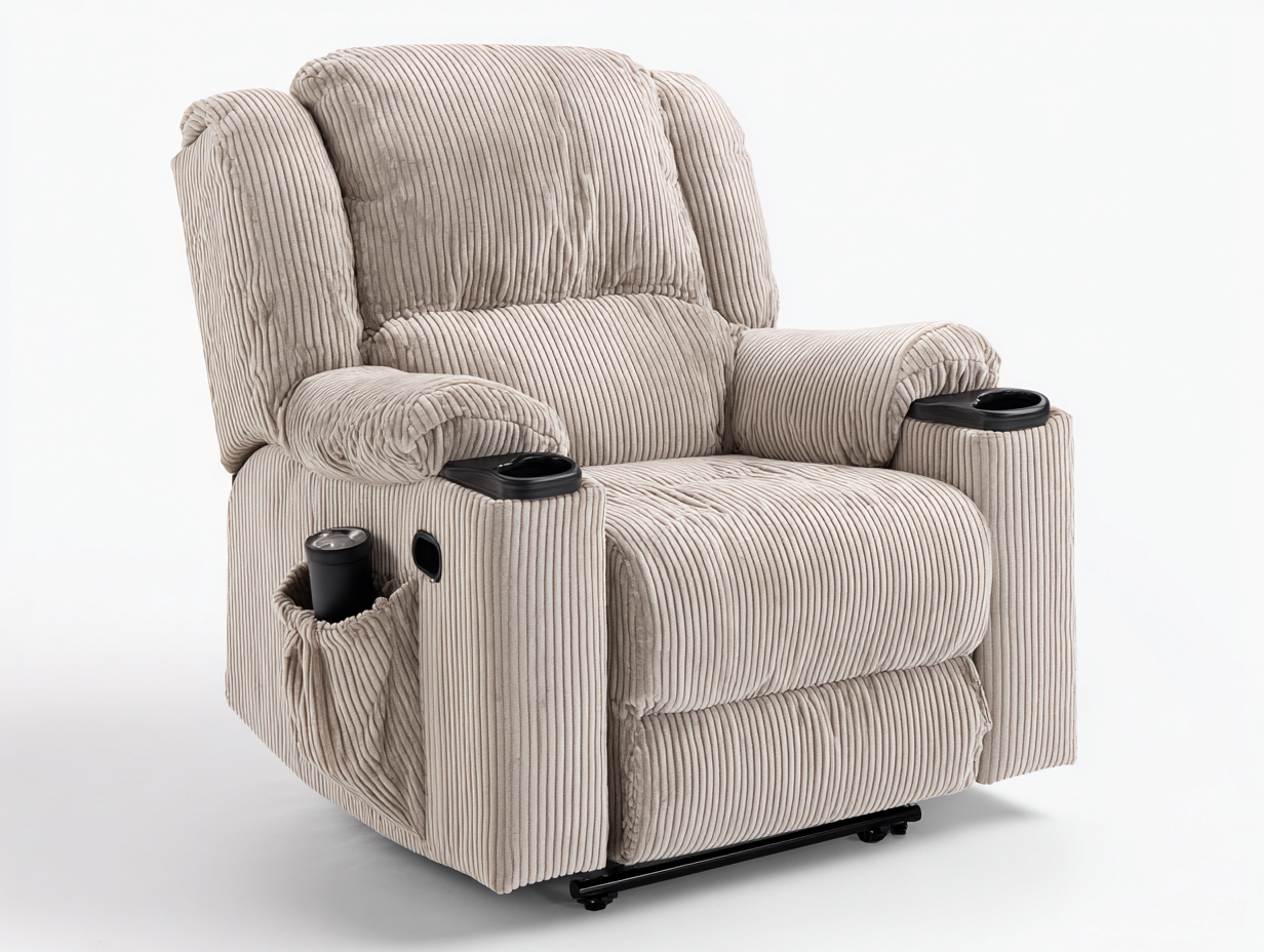 Sillones reclinables de pana 96x90x108 cm - beige con portavasos - diseño cómodo moderno-Milaiohouse