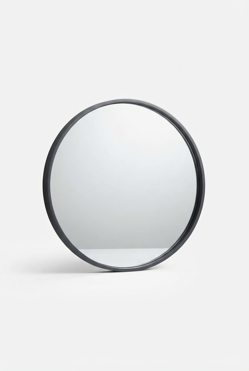 Dark framed wall mirror on neutral background