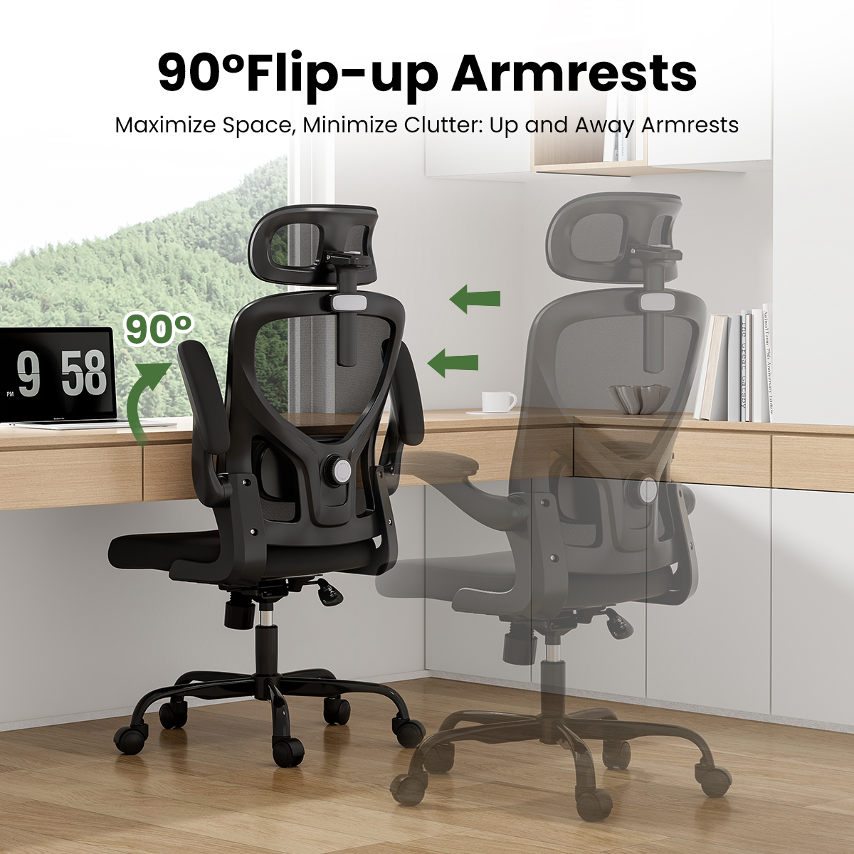 Ergonomic Office Chair, Home Office Desk Chair with Headrest, High Back Computer Chair with Armrests and Adjustable Lumbar Support for Home Office Study Room, Black