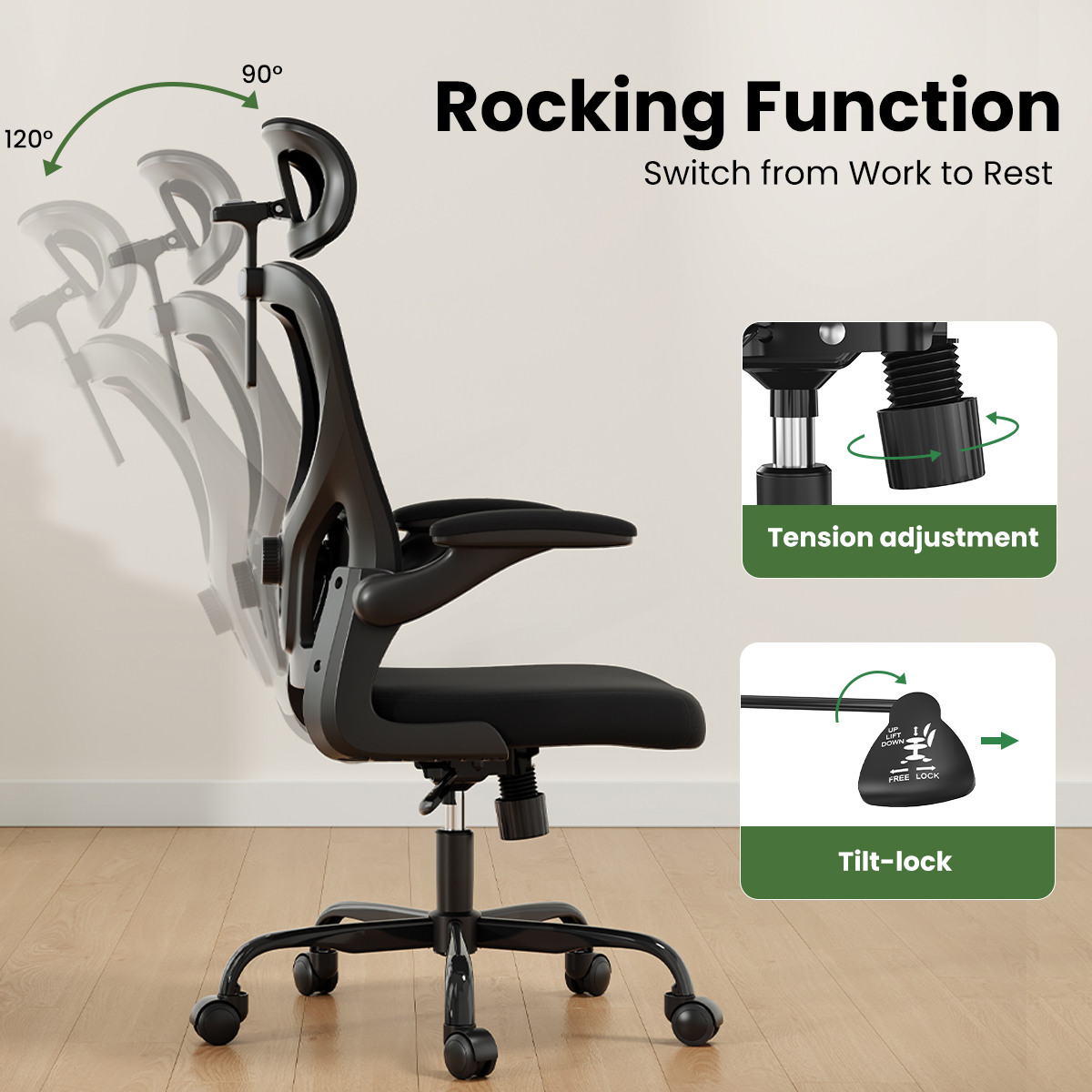 Ergonomic Office Chair, Home Office Desk Chair with Headrest, High Back Computer Chair with Armrests and Adjustable Lumbar Support for Home Office Study Room, Black