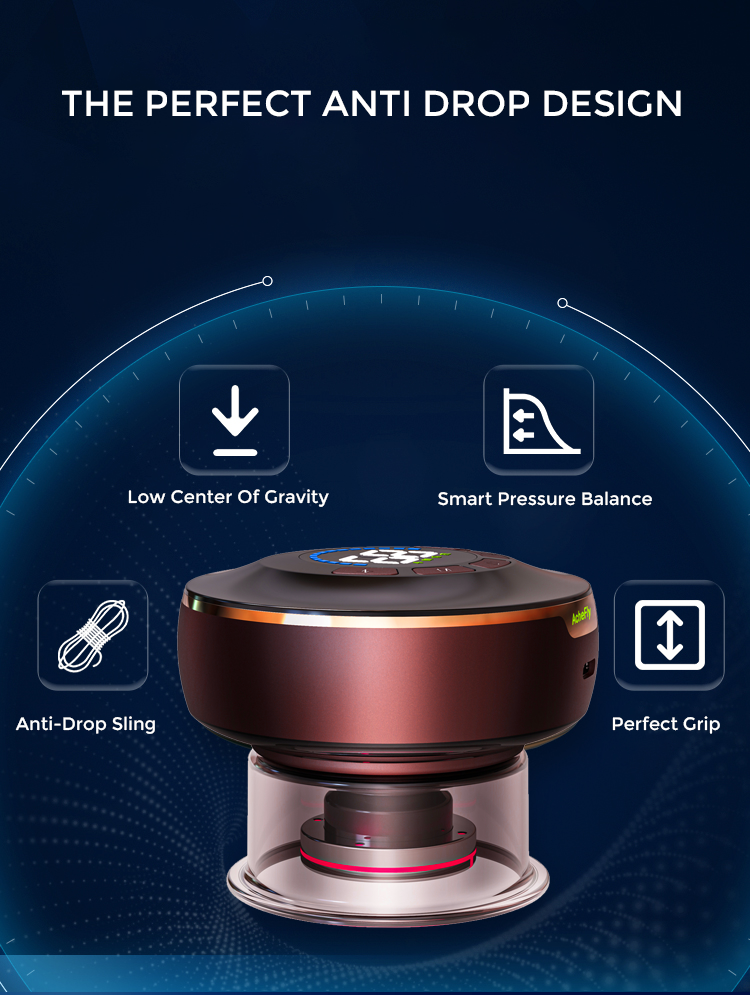 Achefly Smart Cupping Moxa Massager, featuring a sleek, ergonomic design in black with intuitive touch controls. The device is placed on a smooth surface, showcasing its compact size and high-quality finish. Perfect for at-home therapy, it combines modern cupping techniques with traditional moxibustion for effective pain relief and muscle relaxation.