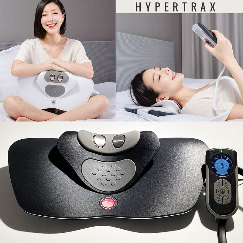 A state-of-the-art cervical traction device designed for neck pain relief and spine alignment. The Hypertrax features an ergonomic design with adjustable headrests, padded neck supports, and a digital control panel for customized settings. It is shown in use, with a person lying on a comfortable surface, the device gently stretching their neck to alleviate pain and improve posture.