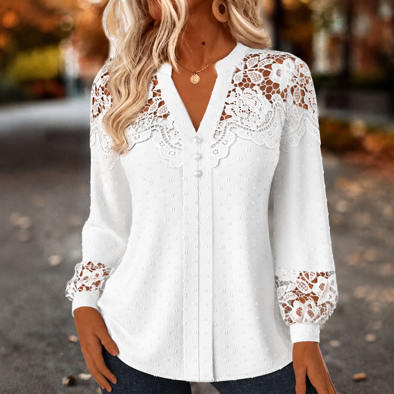Lace-Trim V-Neck Pearl Button Blouse