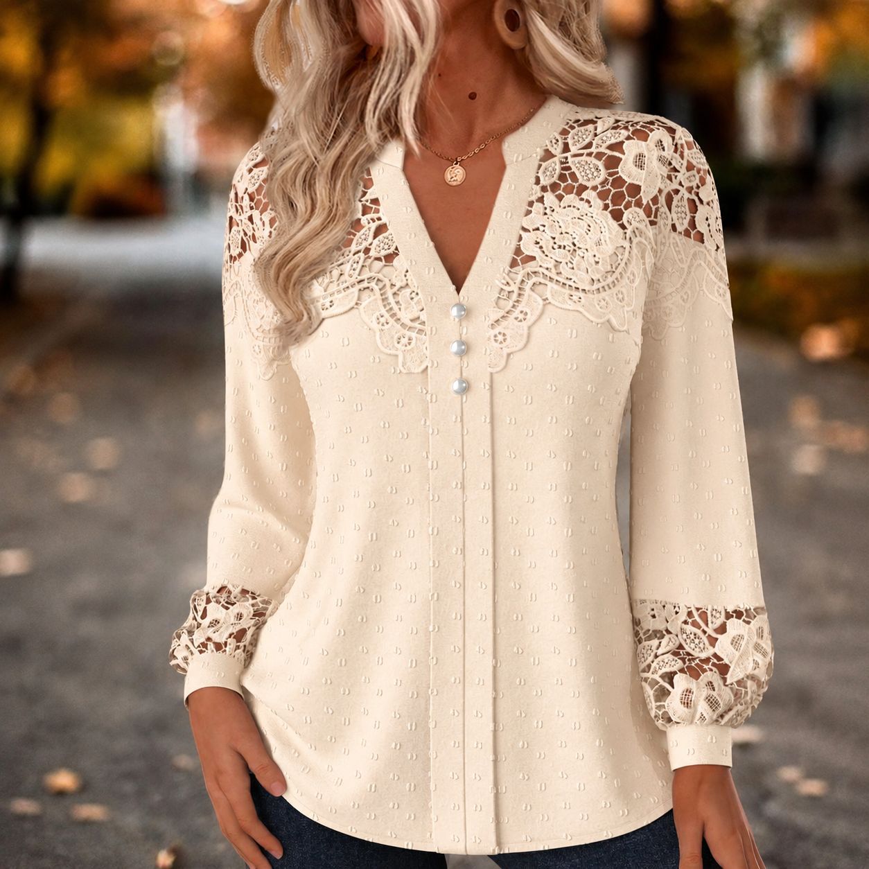 Lace-Trim V-Neck Pearl Button Blouse