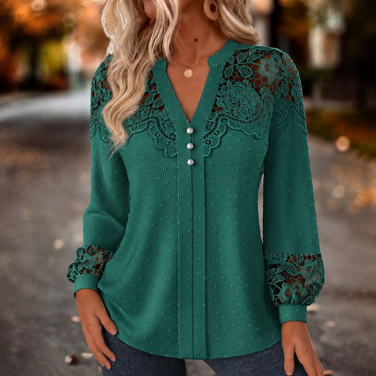 Lace-Trim V-Neck Pearl Button Blouse