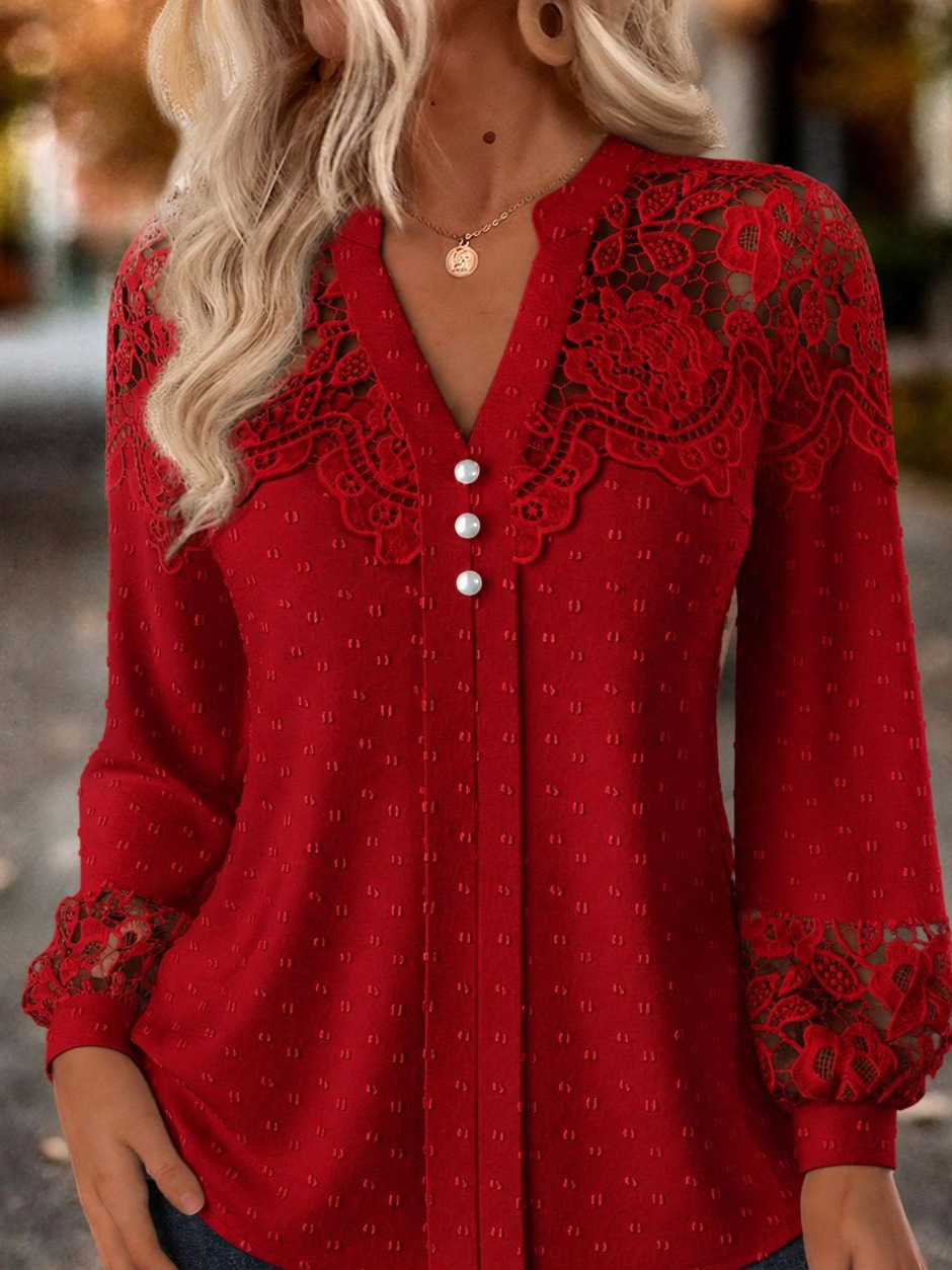 Lace-Trim V-Neck Pearl Button Blouse