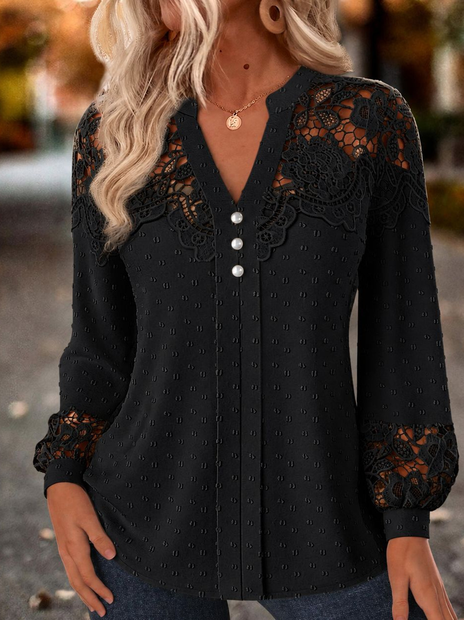 Lace-Trim V-Neck Pearl Button Blouse
