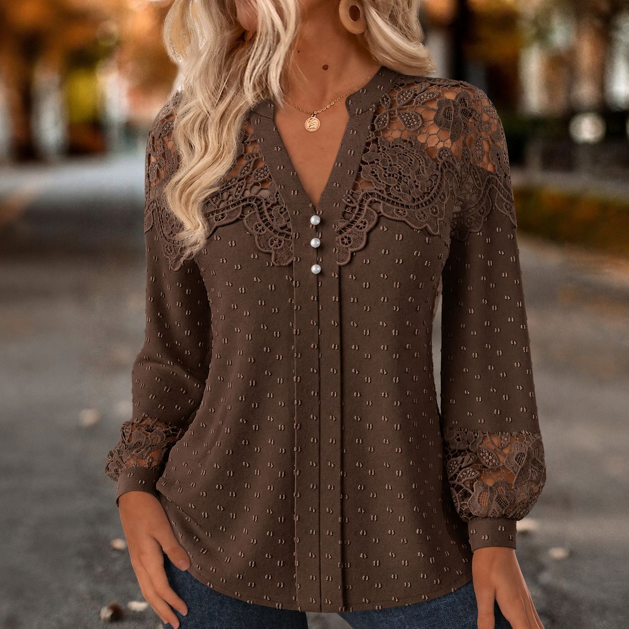 Lace-Trim V-Neck Pearl Button Blouse