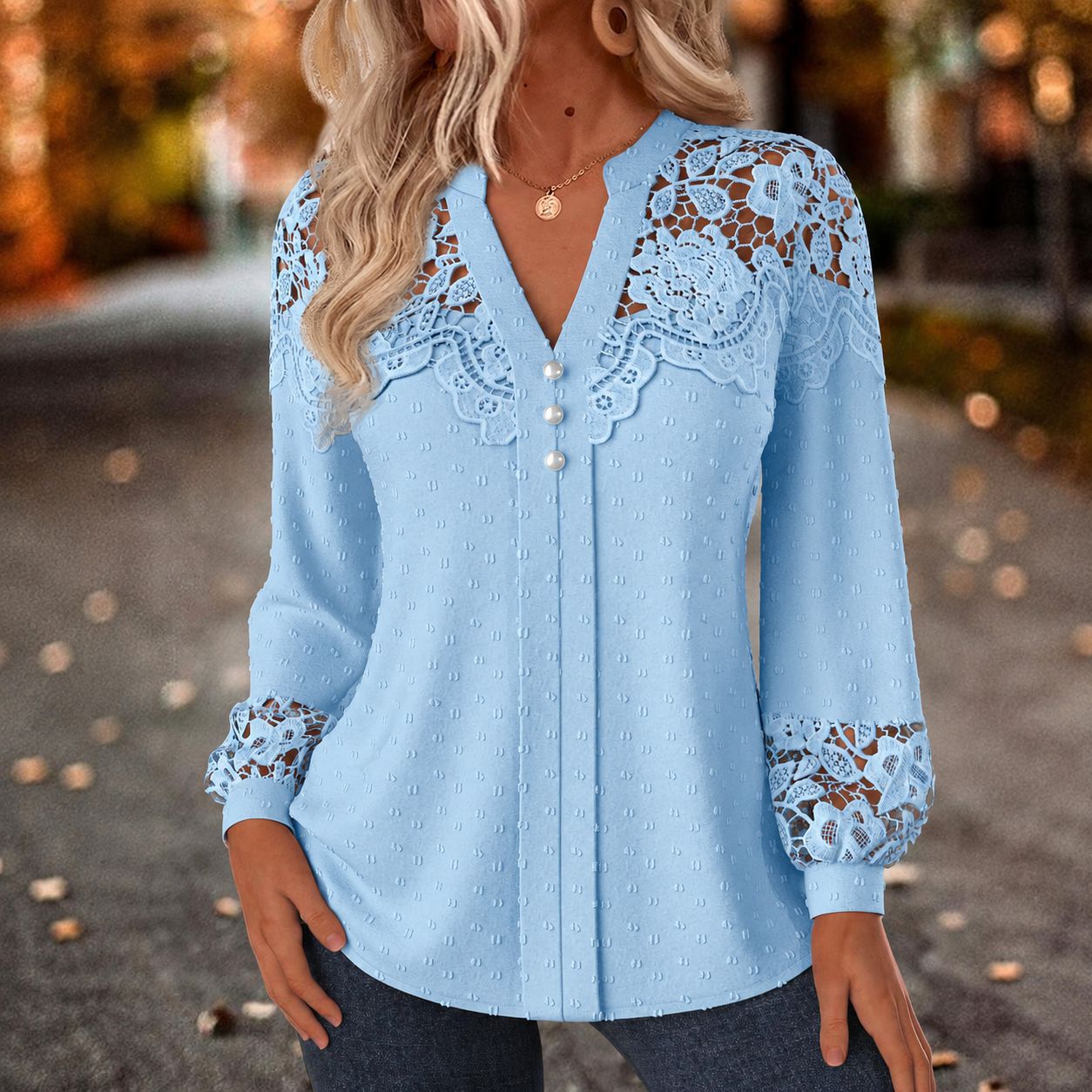 Lace-Trim V-Neck Pearl Button Blouse