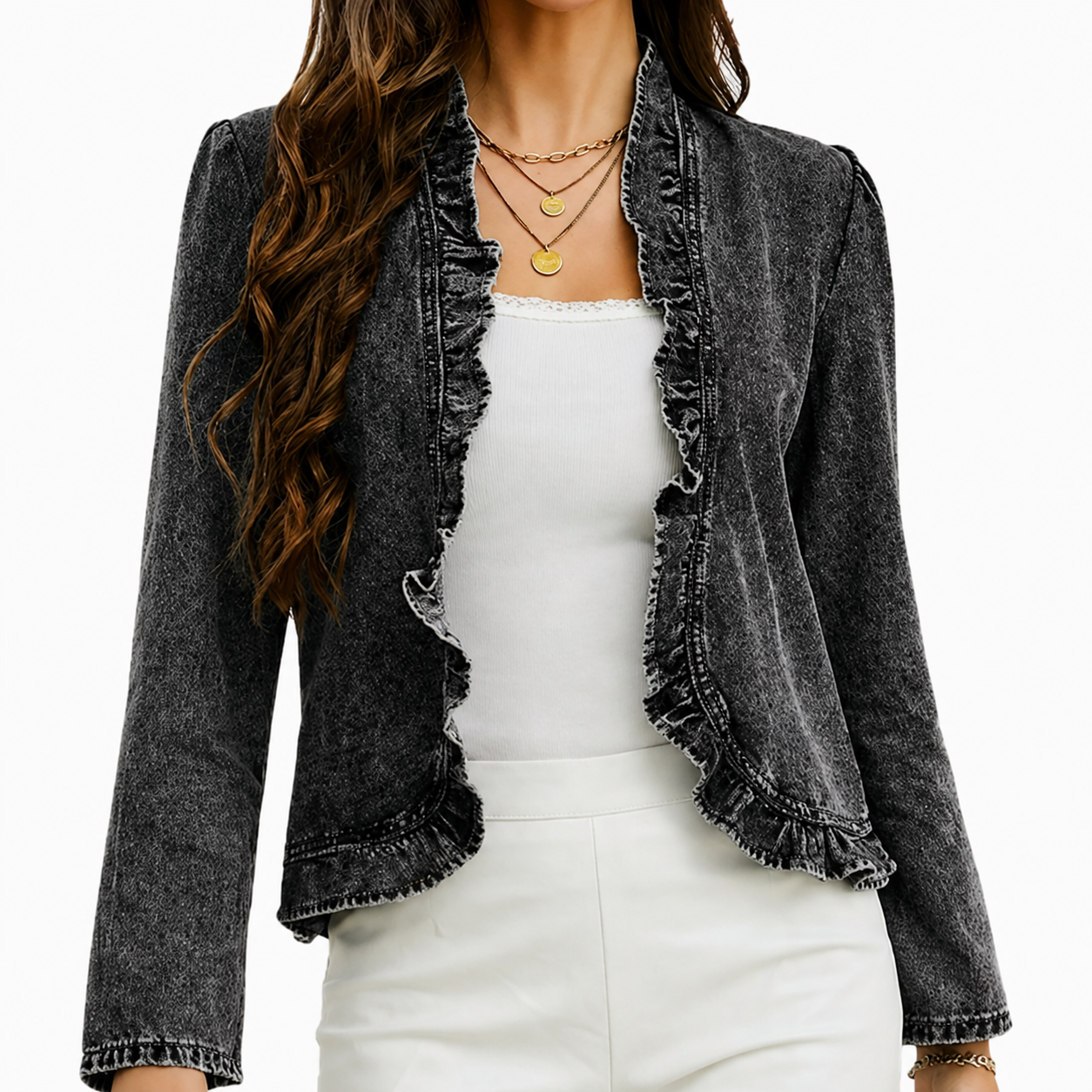 Florelle – Open Front Ruffle Trim Denim-look Jacket for Women