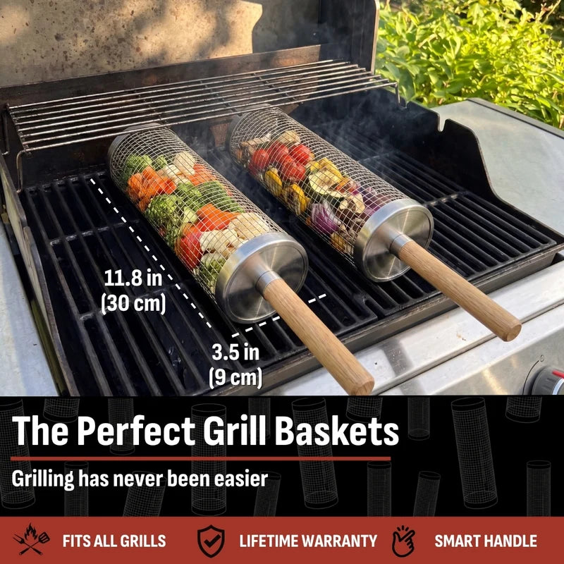 🔥 Hot Seller |Stainless Steel Rolling Grill Basket with Removable Wooden Handle