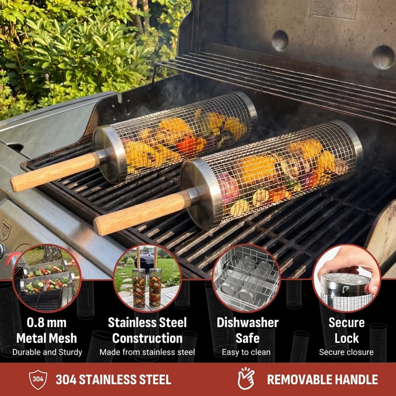 🔥 Hot Seller |Stainless Steel Rolling Grill Basket with Removable Wooden Handle