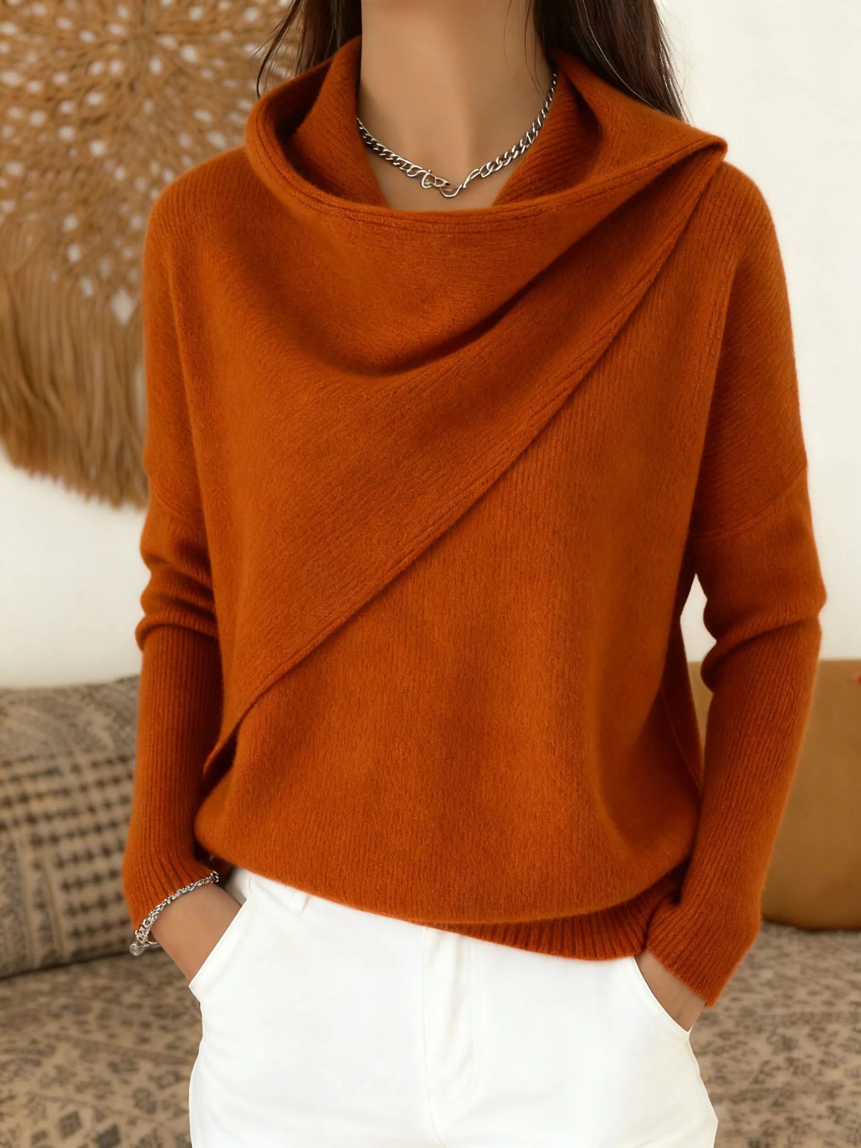 Women's Soft Solid Color Ruffled Collar Sweater Top