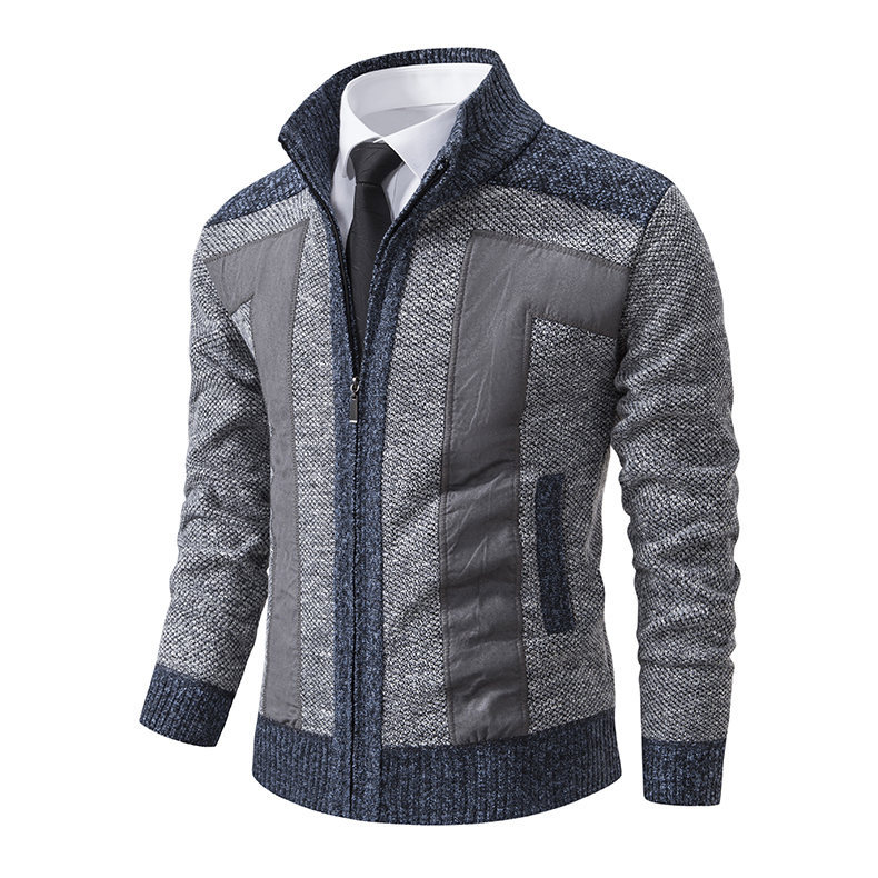Herren Stehkragen Patchwork wattierter Pullover Strickjacke Pullover