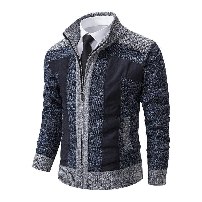 Herren Stehkragen Patchwork wattierter Pullover Strickjacke Pullover