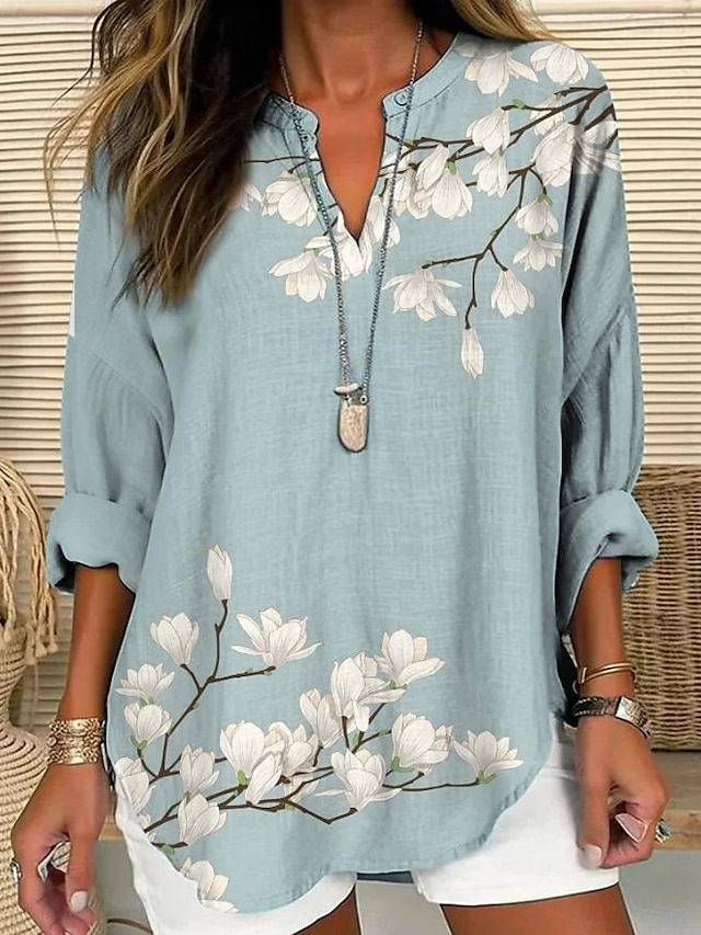 Sommerliches, schlichtes, lässiges und elegantes T-Shirt mit V-Ausschnitt, langen Ärmeln und Blumenmuster