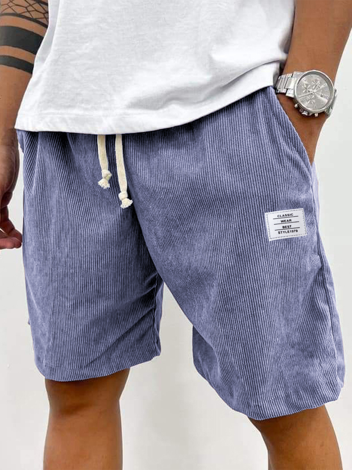 Herren Stilvolle Corduroy Einfache Bestickte Logo Lässige Schnürung Lockere Shorts