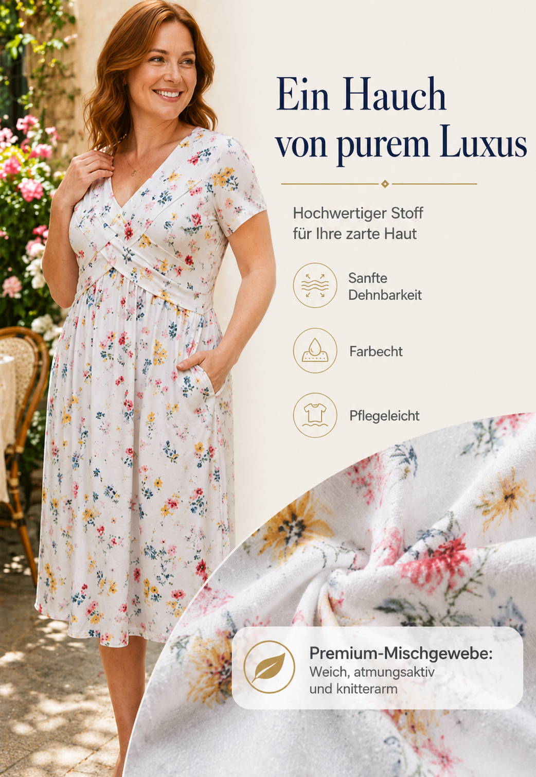 Sale – Damen Blumenkleid mit V-Ausschnitt und geraffter Taille