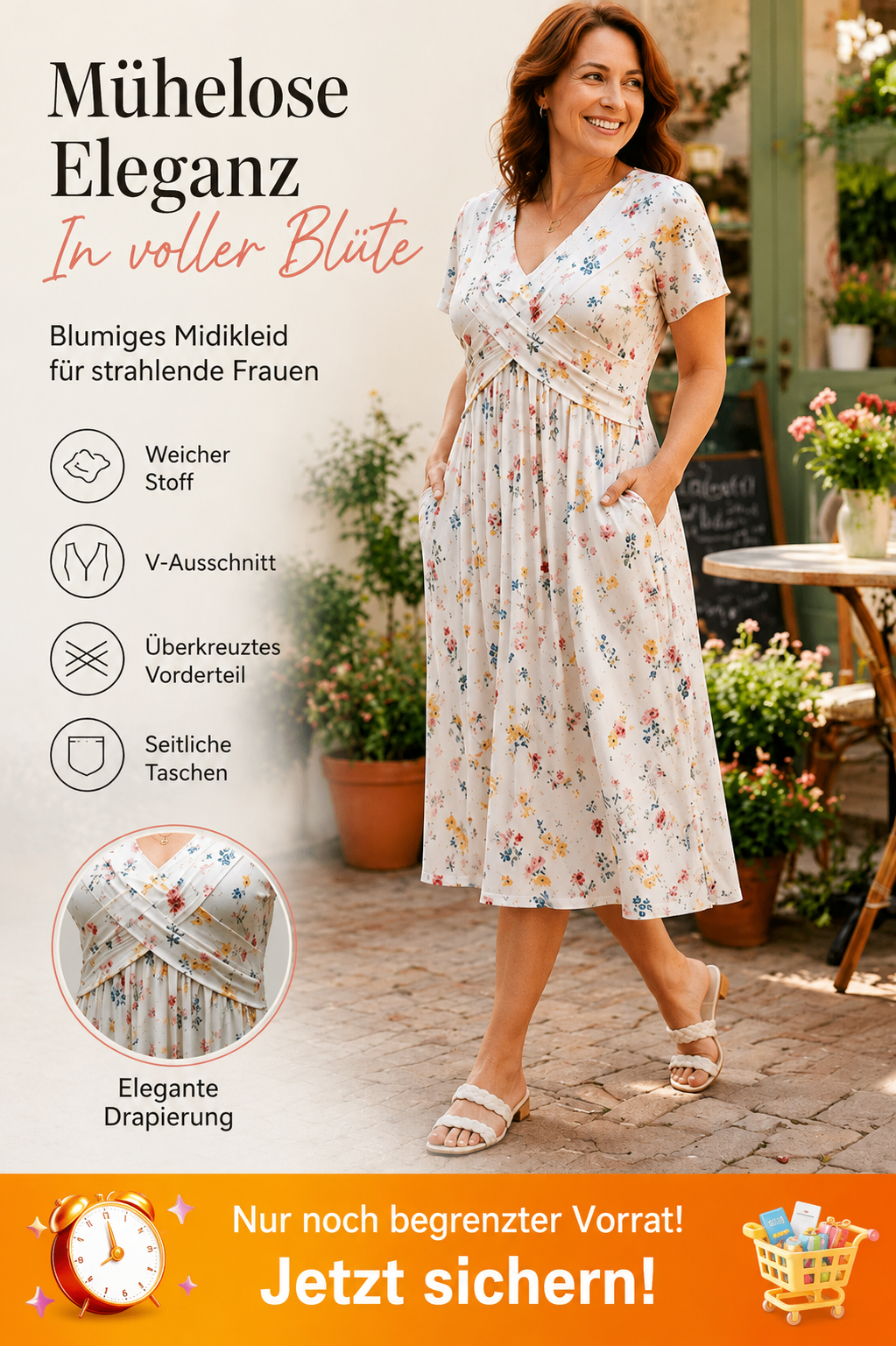 Sale – Damen Blumenkleid mit V-Ausschnitt und geraffter Taille