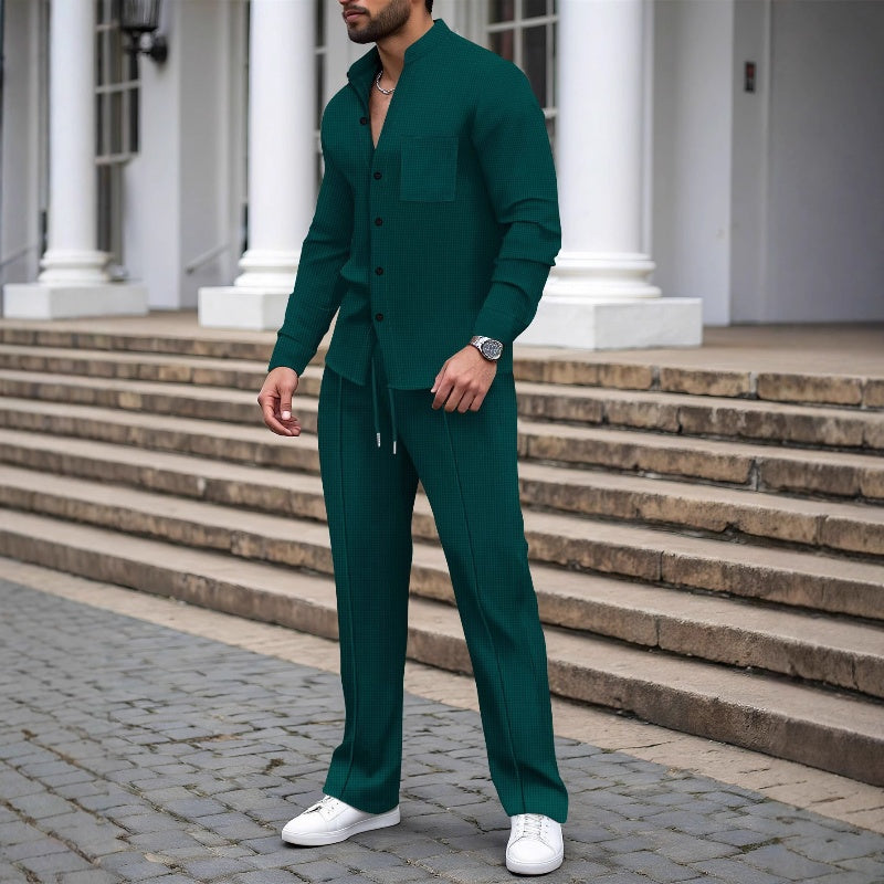 ⏳Zeitlich begrenztes Angebot⏰Freizeitliches Waffelhemd und Hose für Herren, 2-teiliges Set