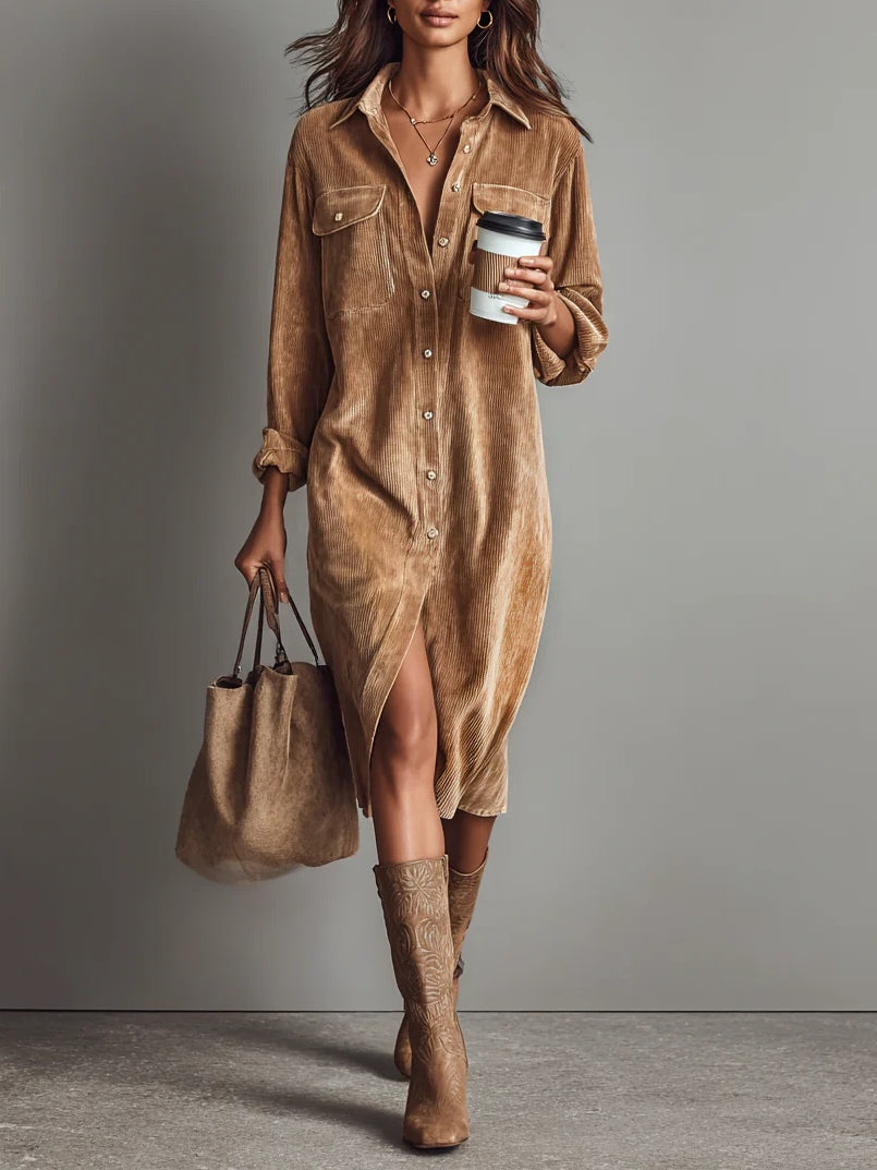 Jessy™ – Elegantes Midikleid aus weichem Cord mit Brusttaschen