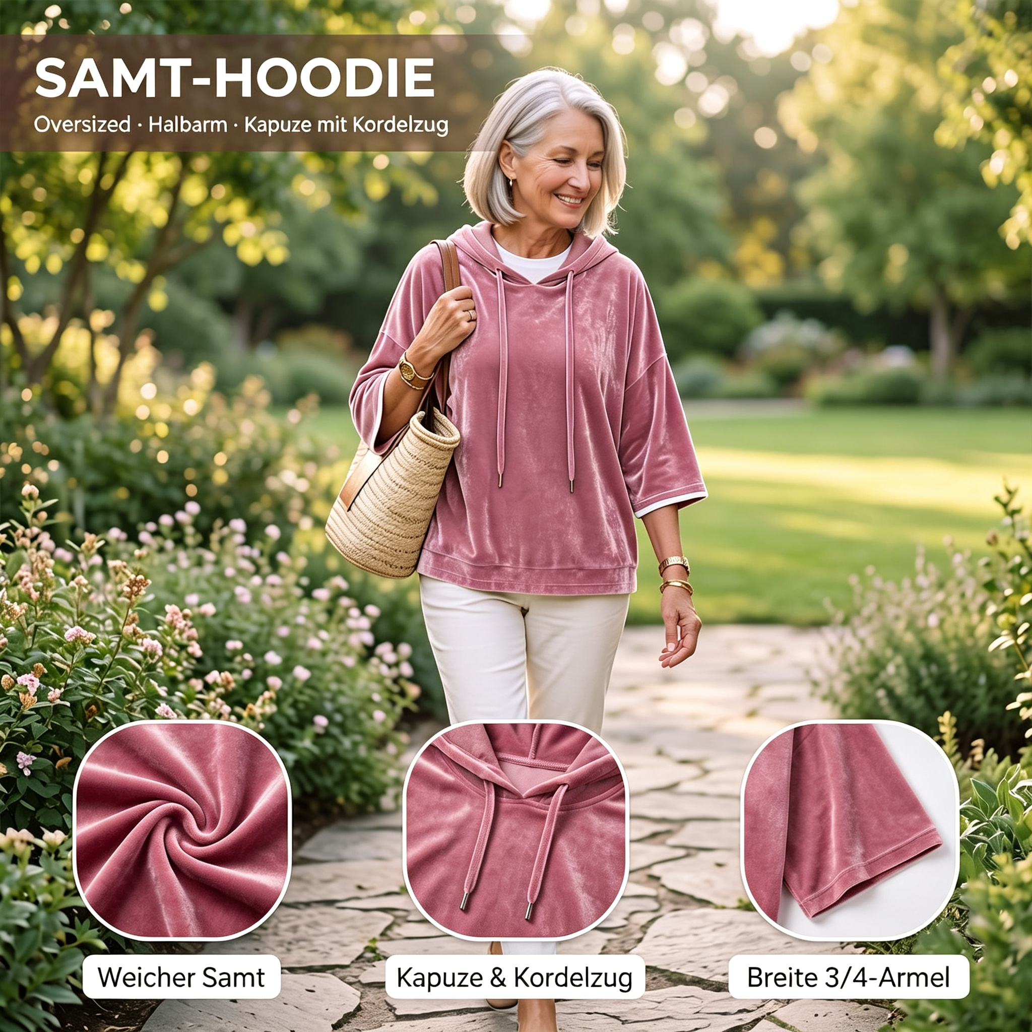 Damen-Hoodie aus Velours mit Oversize-Passform und 3/4-Ärmeln