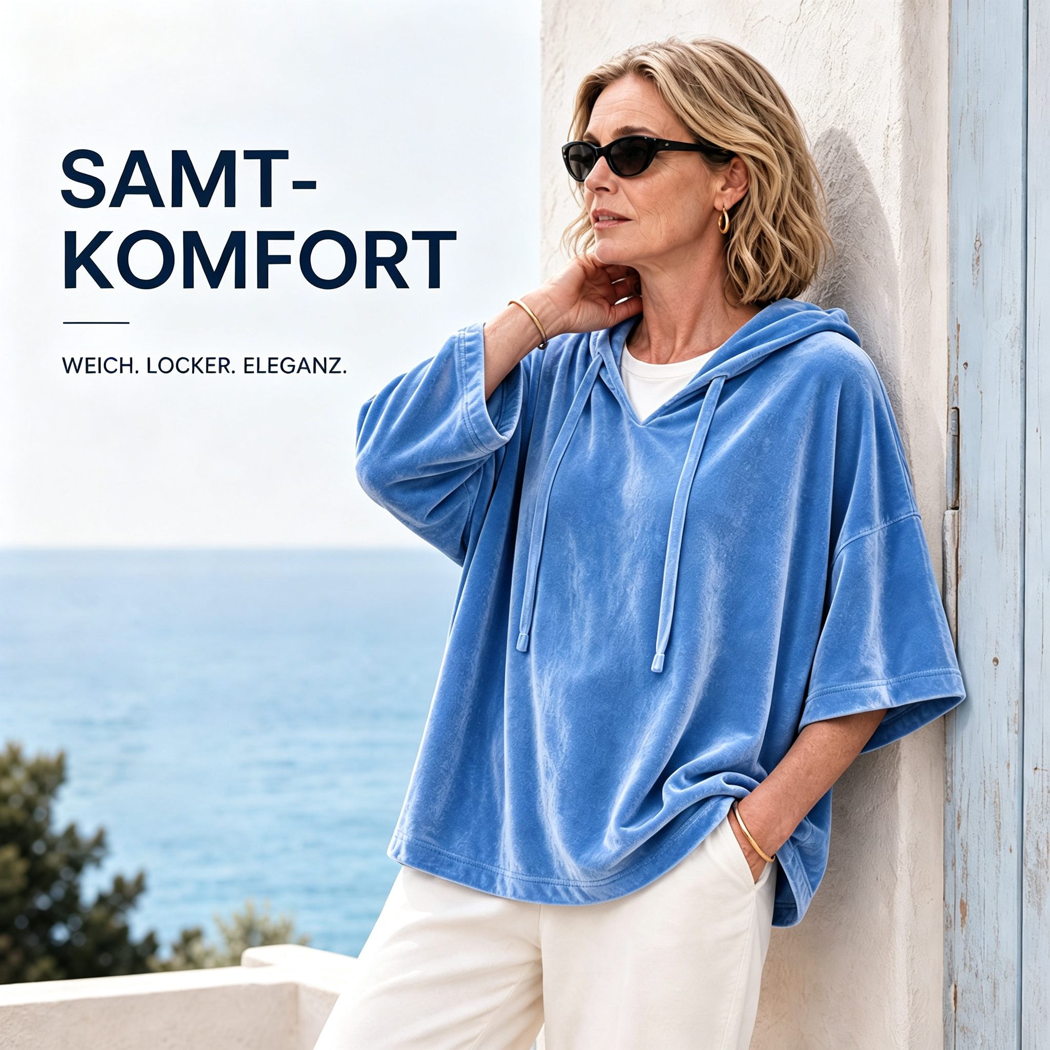 Damen-Hoodie aus Velours mit Oversize-Passform und 3/4-Ärmeln