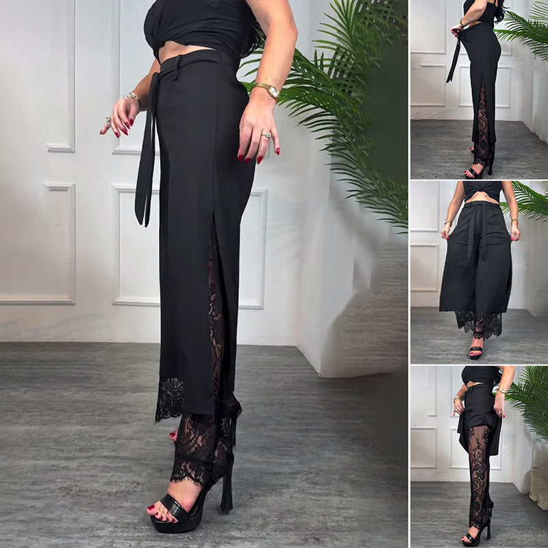 Lacera™ – Pantalon large élégant avec insert en dentelle transparente