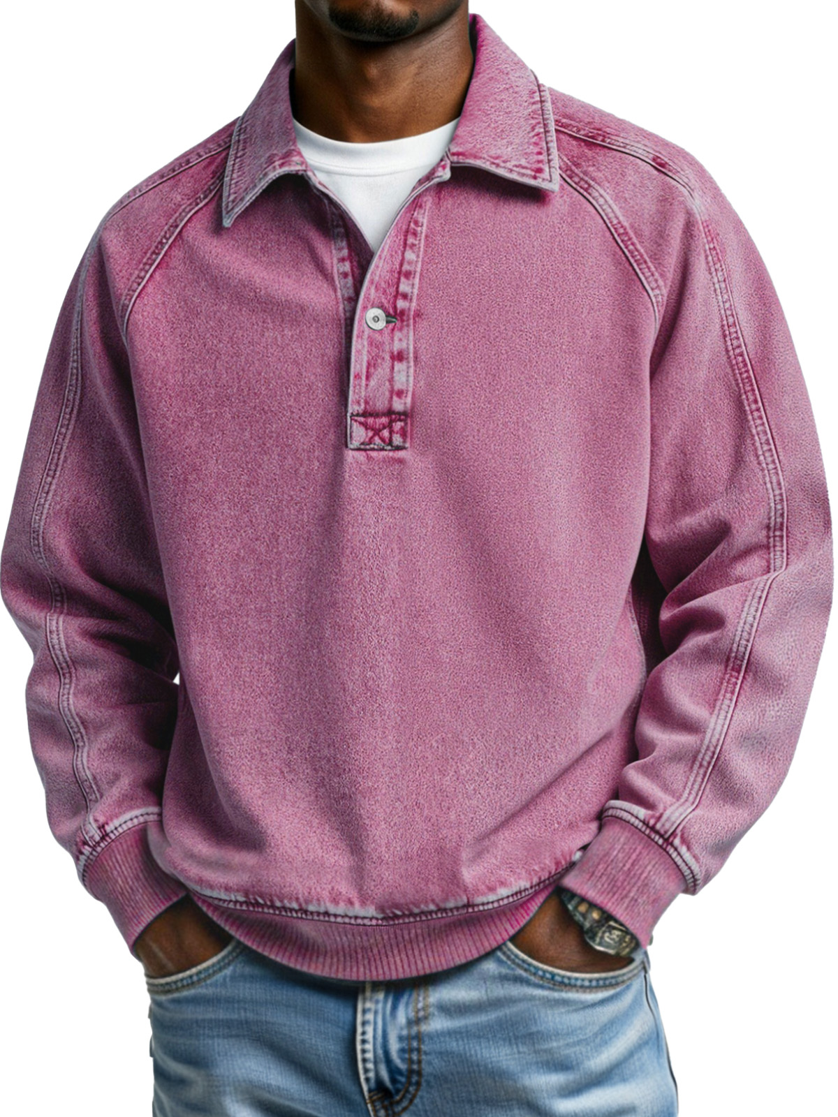Retro-Polohemd mit einfarbigem Patchwork-Design, Knopfleiste am Revers und langen Ärmeln