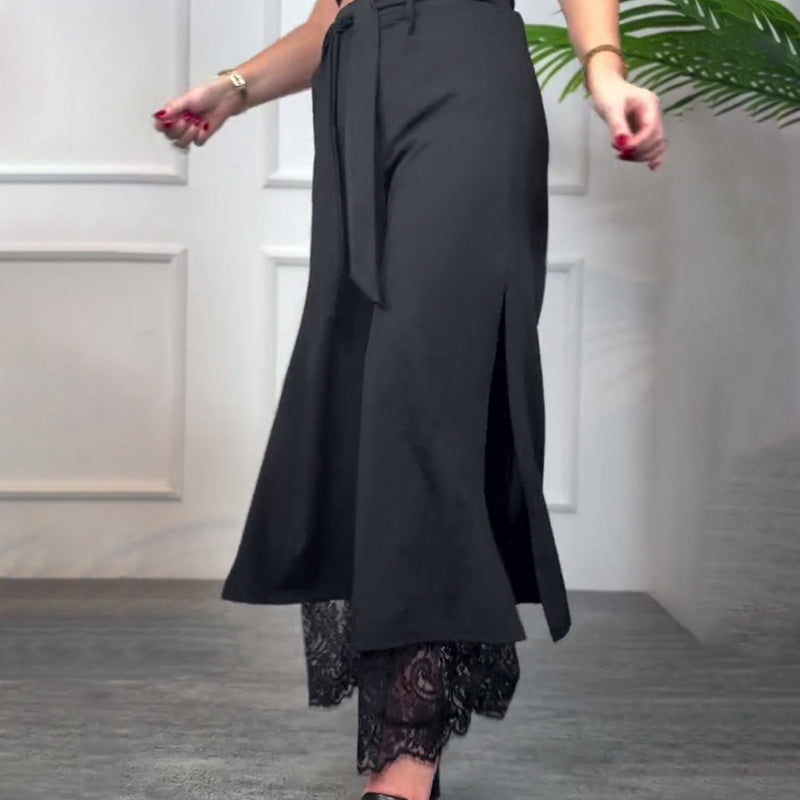 Lacera™ – Pantalon large élégant avec insert en dentelle transparente