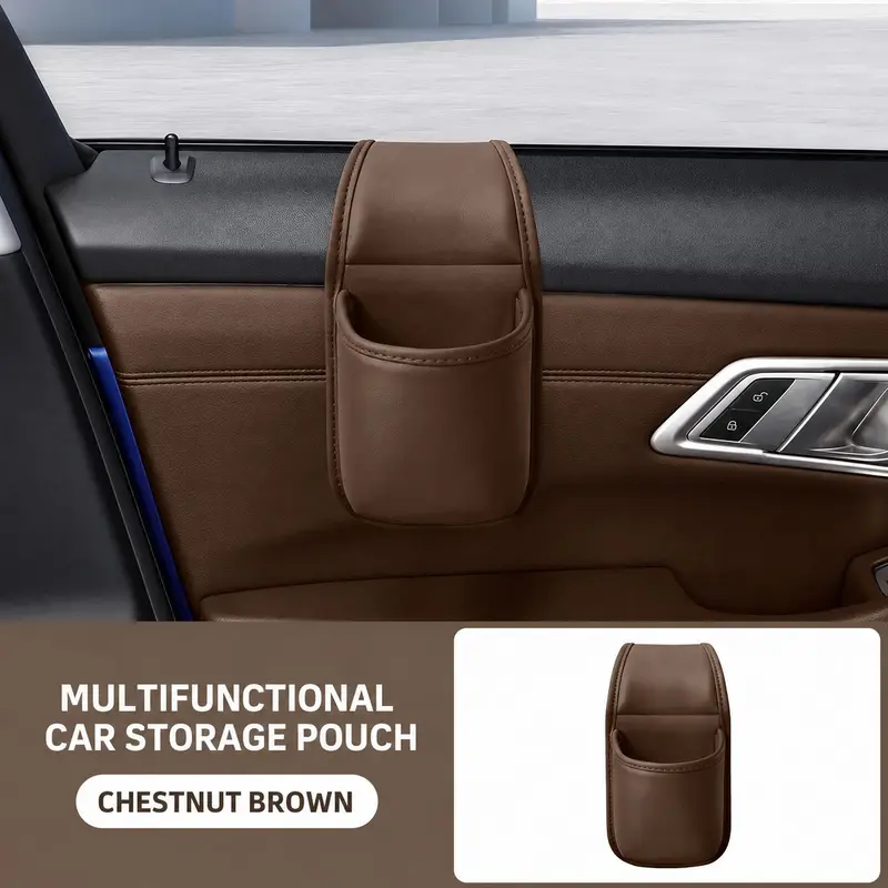 Leather Car Door Storage Pocket, Double-Layer, Flannel Lining