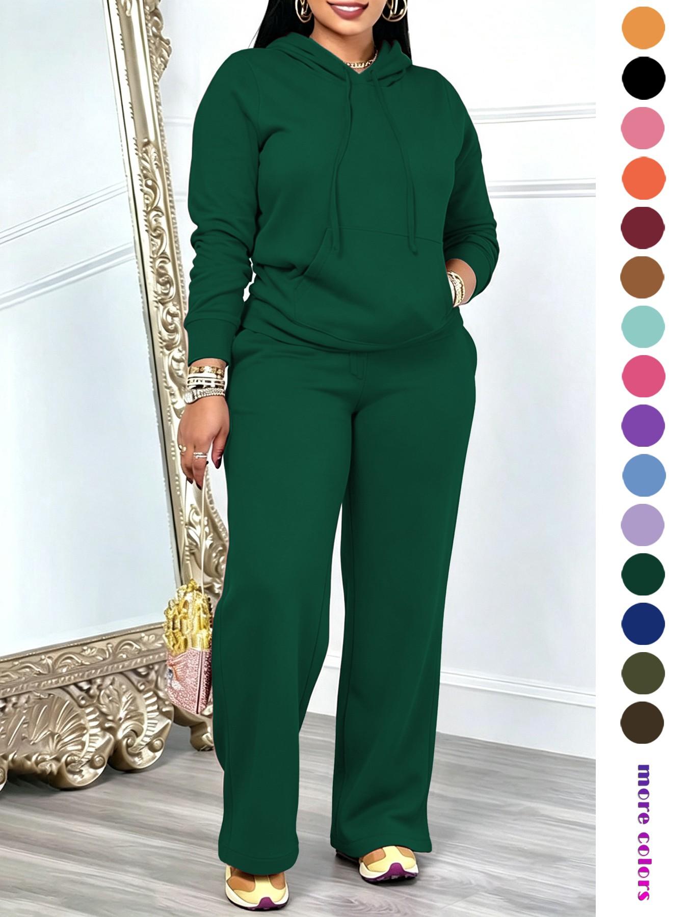 Two-Piece Set Outfit Women's Basic Solid Adjustable Drawstring Hoodie & High Waist Pants Set Long Sleeve Pocket Hooded Sweatshirt & Straight Leg Trousers for Spring & Fall, Ladies' Clothes for Daily Wear, Pants Top Set
