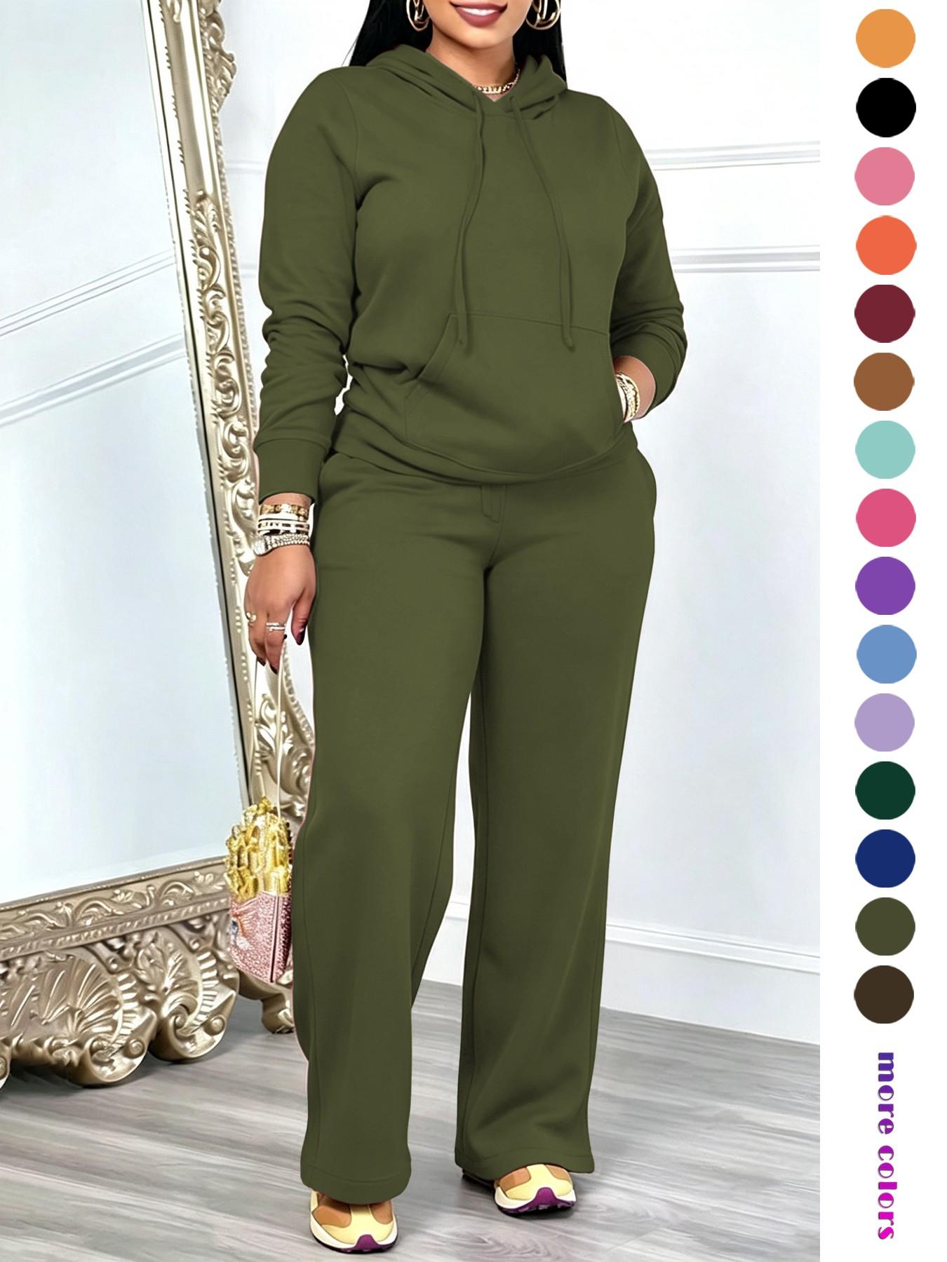 Two-Piece Set Outfit Women's Basic Solid Adjustable Drawstring Hoodie & High Waist Pants Set Long Sleeve Pocket Hooded Sweatshirt & Straight Leg Trousers for Spring & Fall, Ladies' Clothes for Daily Wear, Pants Top Set