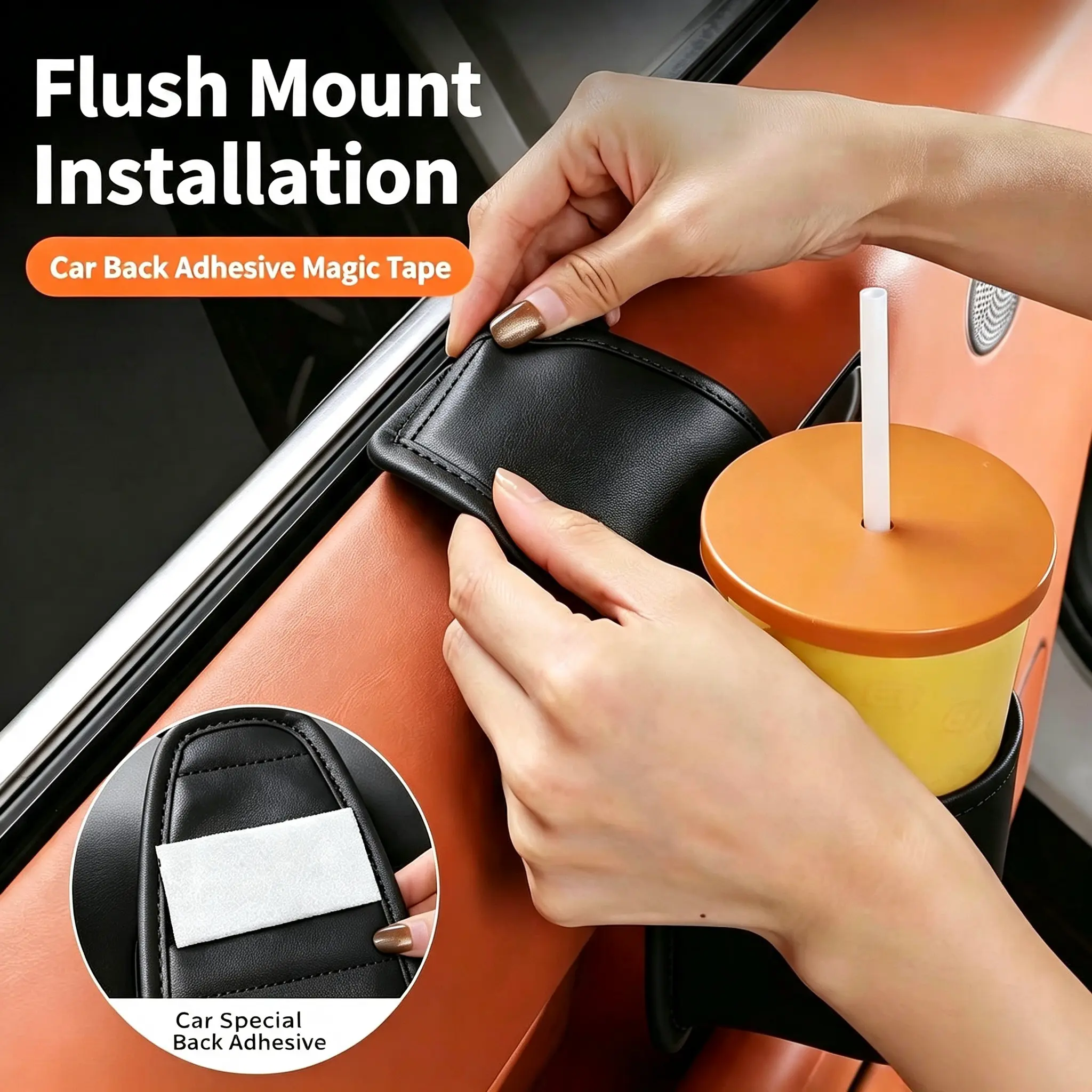 Leather Car Door Storage Pocket, Double-Layer, Flannel Lining