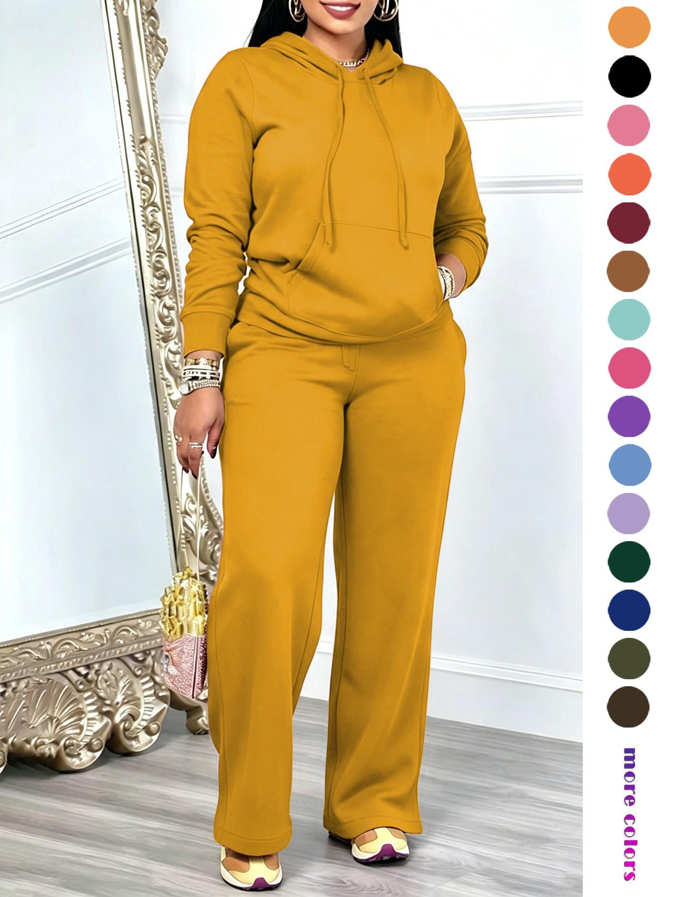 Two-Piece Set Outfit Women's Basic Solid Adjustable Drawstring Hoodie & High Waist Pants Set Long Sleeve Pocket Hooded Sweatshirt & Straight Leg Trousers for Spring & Fall, Ladies' Clothes for Daily Wear, Pants Top Set