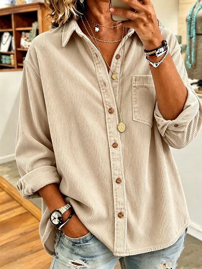 Women's New Autumn/Winter 2026 Striped Corduroy Shirt Jacket – Loose, Thick, Casual, with Lapel Collar
