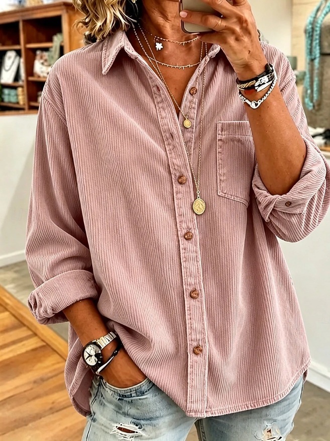Women's New Autumn/Winter 2026 Striped Corduroy Shirt Jacket – Loose, Thick, Casual, with Lapel Collar